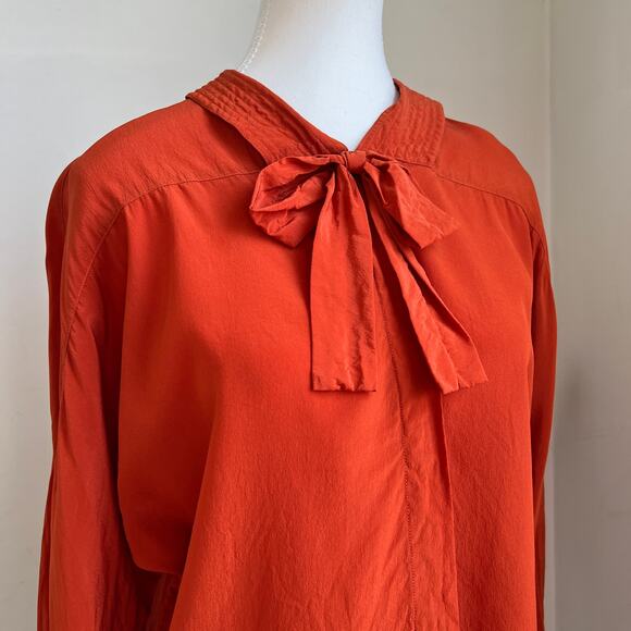 Vintage Orange 100% Silk‎ Bow Tie Peter Pan Collar Secretary Blouse Top - Picture 12 of 13